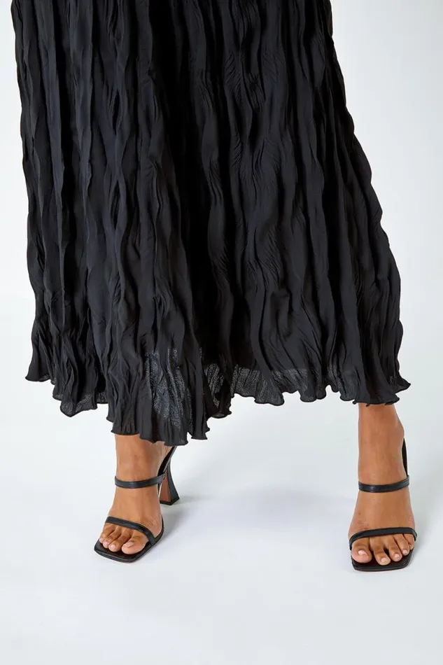 Black Crinkle Textured Elastic Waist A Line Midi Skirt Women Roman Skirts