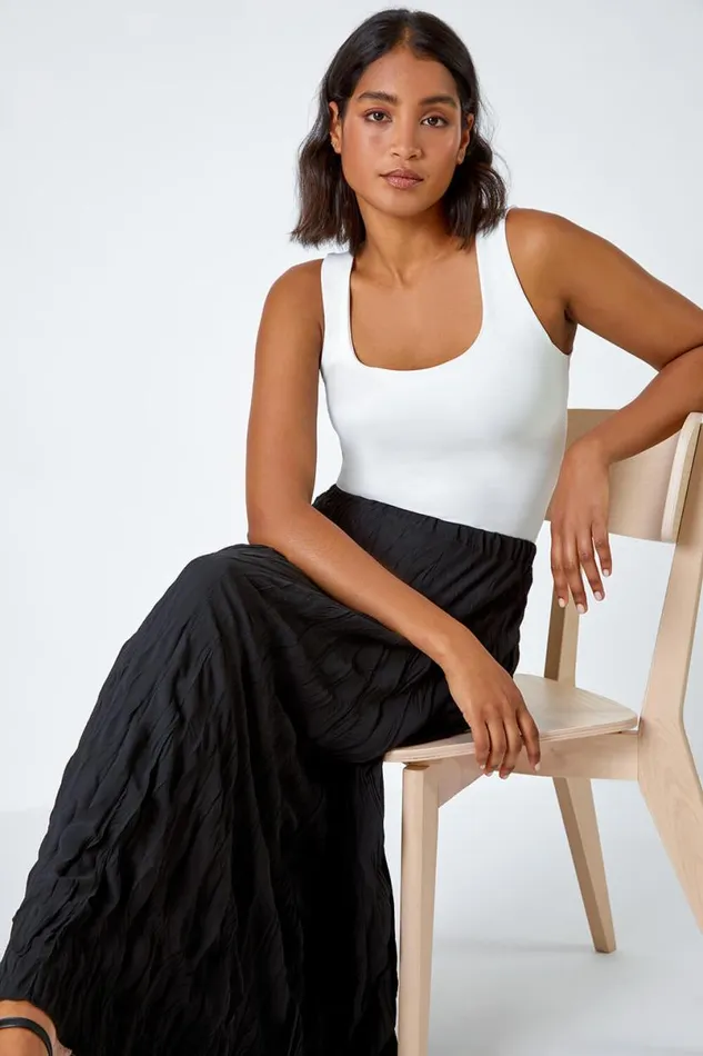 Black Crinkle Textured Elastic Waist A Line Midi Skirt Women Roman Skirts