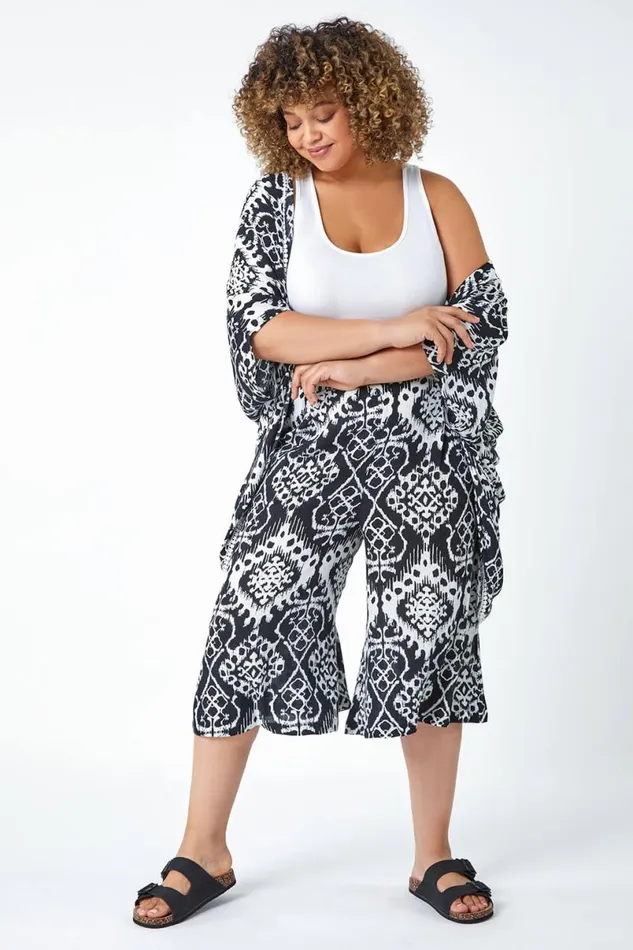 Black Curve Aztec Print Crinkle Cropped Culottes Women Roman Trousers