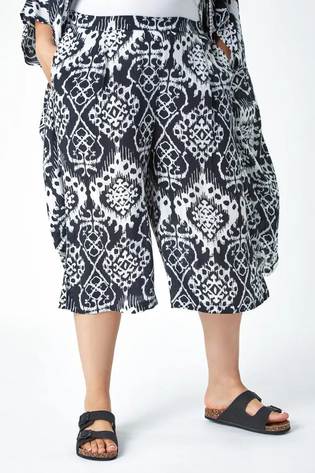 Black Curve Aztec Print Crinkle Cropped Culottes Women Roman Trousers