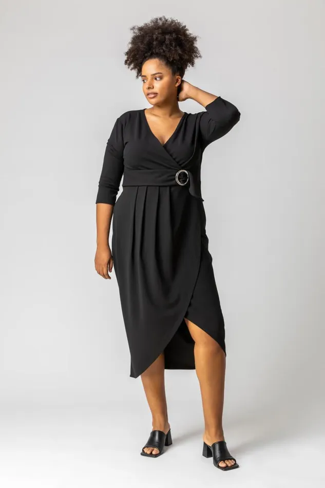 Black Curve Buckled Belt Ruched Wrap Dress Women Roman Dresses