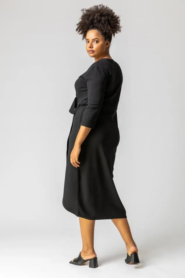 Black Curve Buckled Belt Ruched Wrap Dress Women Roman Dresses
