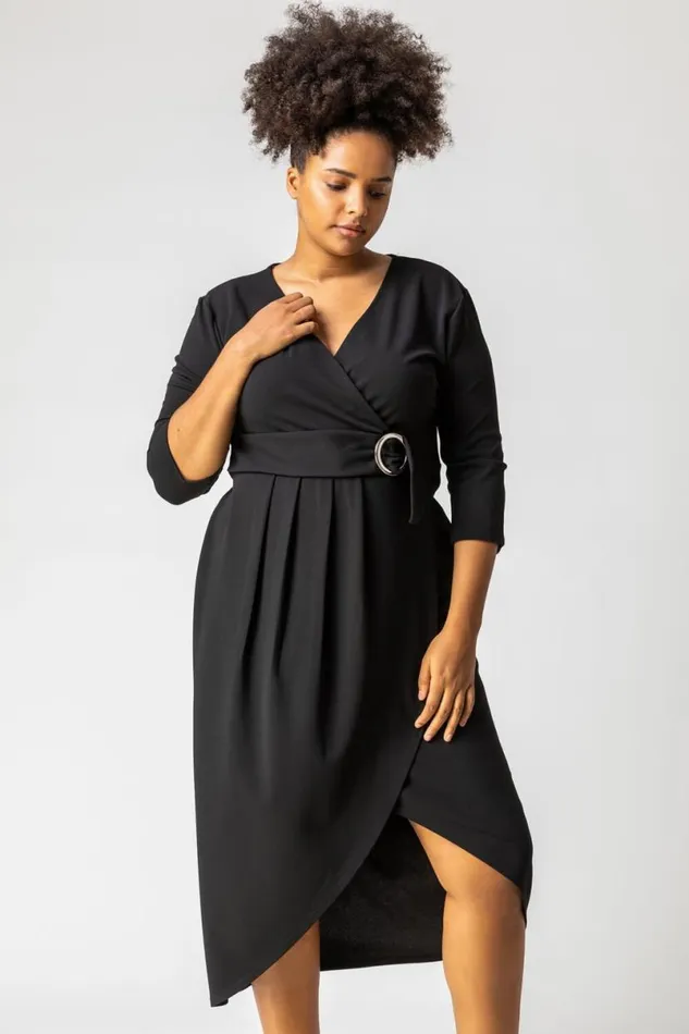 Black Curve Buckled Belt Ruched Wrap Dress Women Roman Dresses