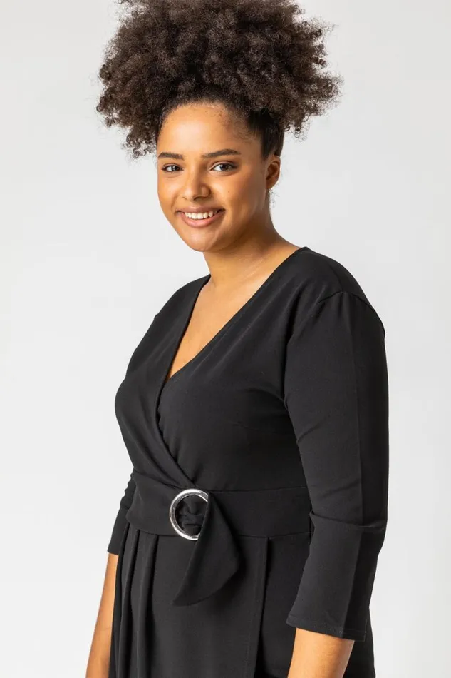 Black Curve Buckled Belt Ruched Wrap Dress Women Roman Dresses