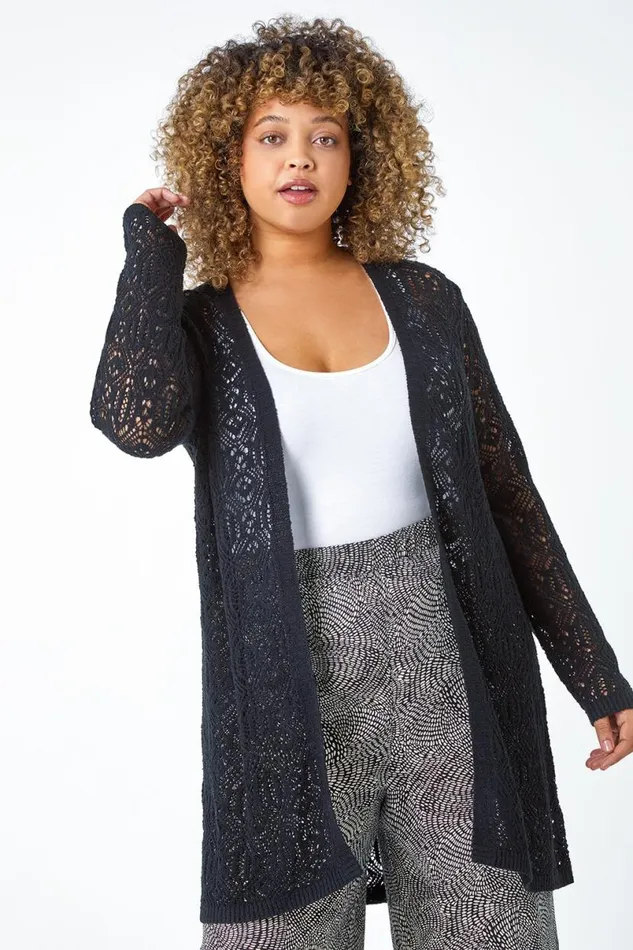 Black Curve Crochet Longline Cardigan Women Roman Knitwear