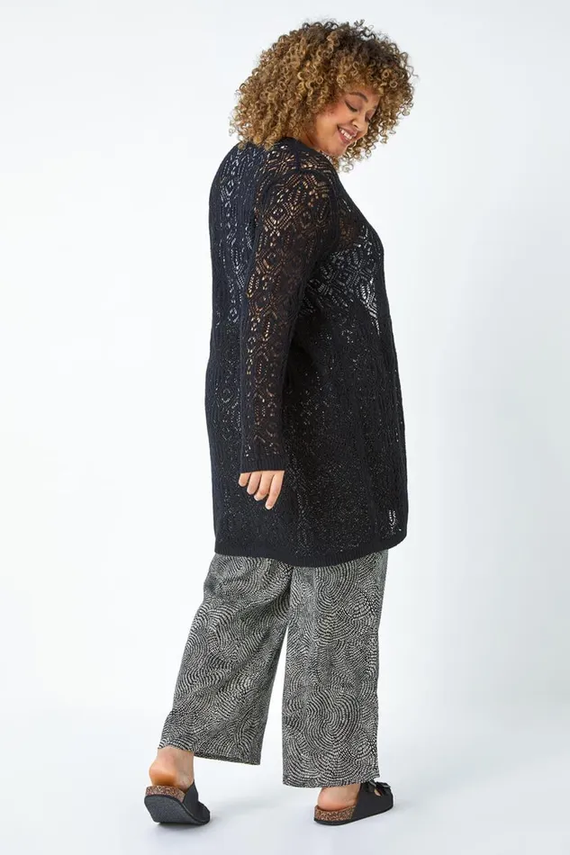 Black Curve Crochet Longline Cardigan Women Roman Knitwear