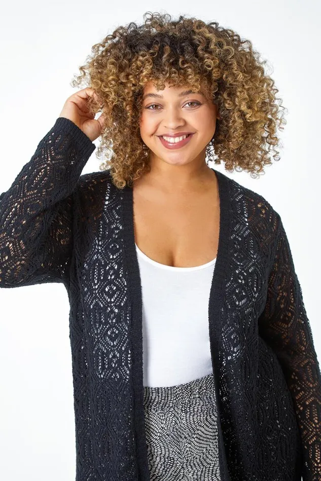 Black Curve Crochet Longline Cardigan Women Roman Knitwear