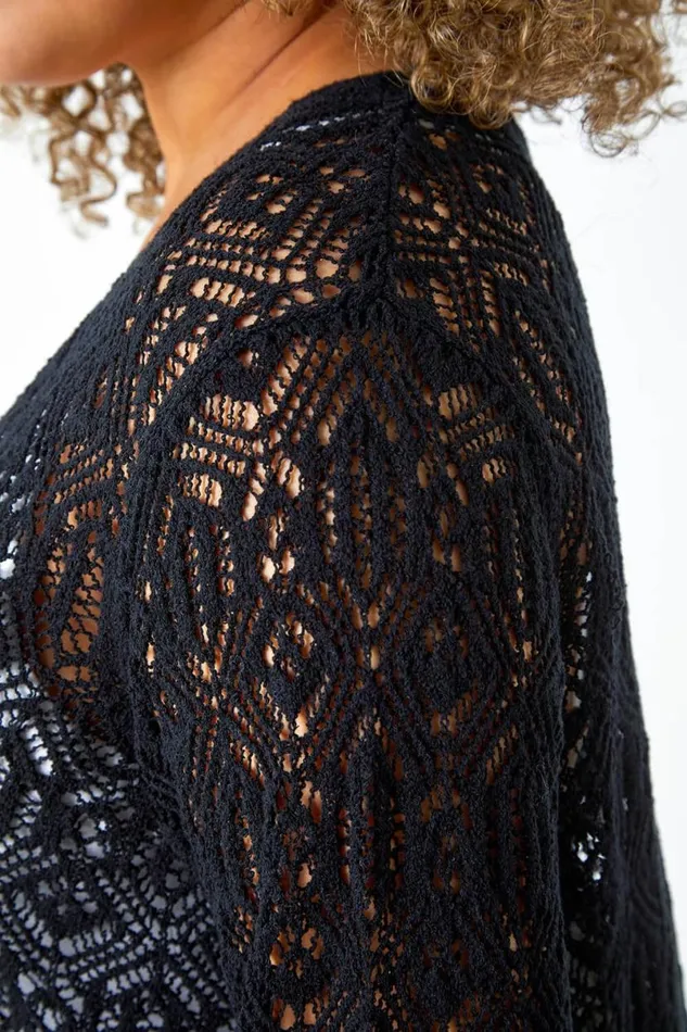 Black Curve Crochet Longline Cardigan Women Roman Knitwear