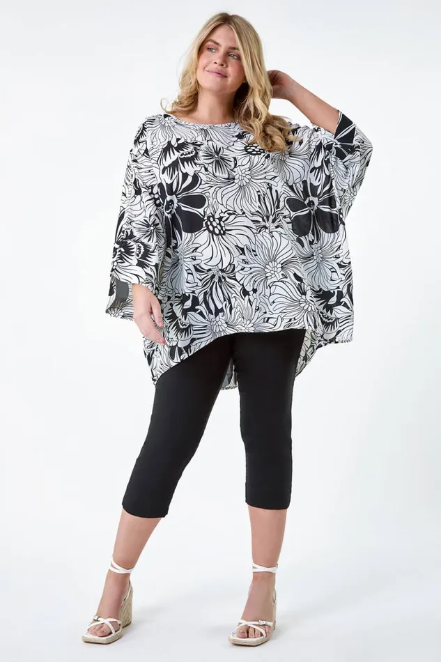 Black Curve Floral Print Dipped Hem Top Women Roman Tops