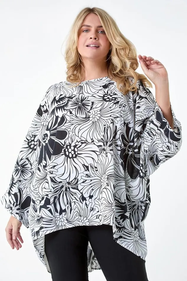 Black Curve Floral Print Dipped Hem Top Women Roman Tops