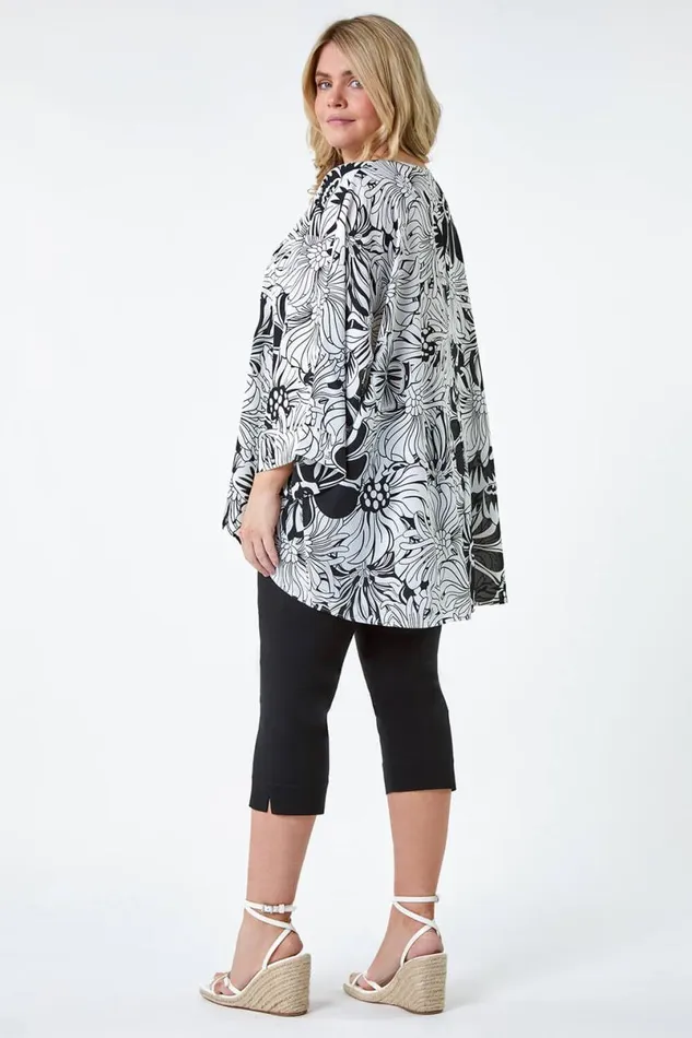 Black Curve Floral Print Dipped Hem Top Women Roman Tops