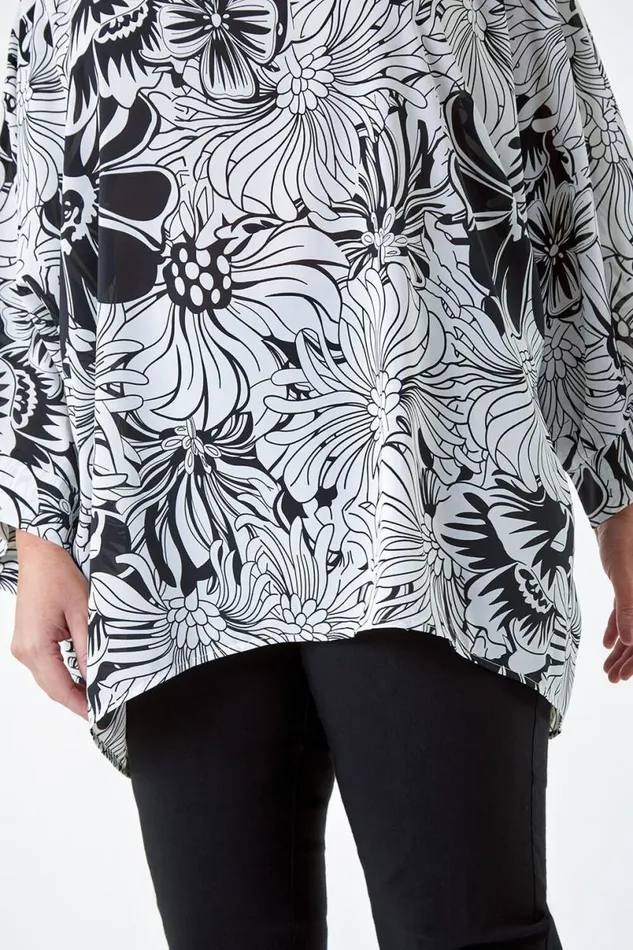 Black Curve Floral Print Dipped Hem Top Women Roman Tops