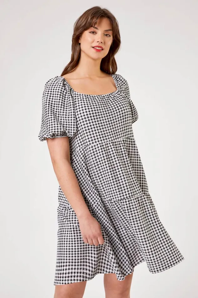 Black Curve Gingham Print Tiered Dress Women Roman Dresses