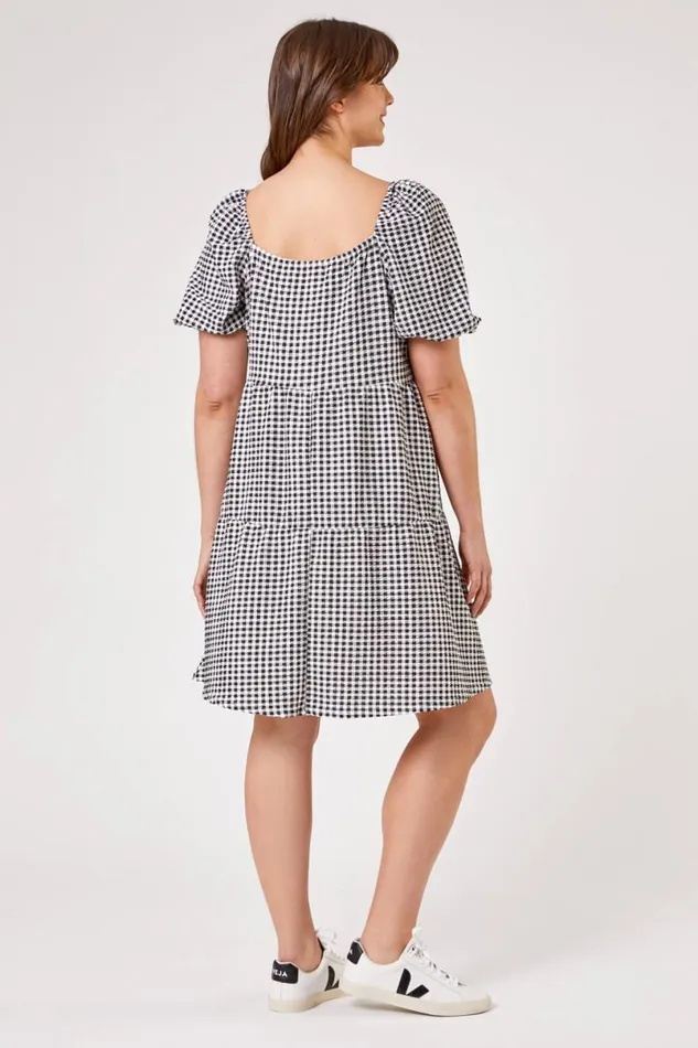 Black Curve Gingham Print Tiered Dress Women Roman Dresses