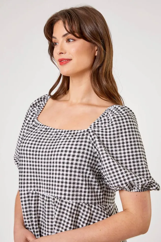 Black Curve Gingham Print Tiered Dress Women Roman Dresses
