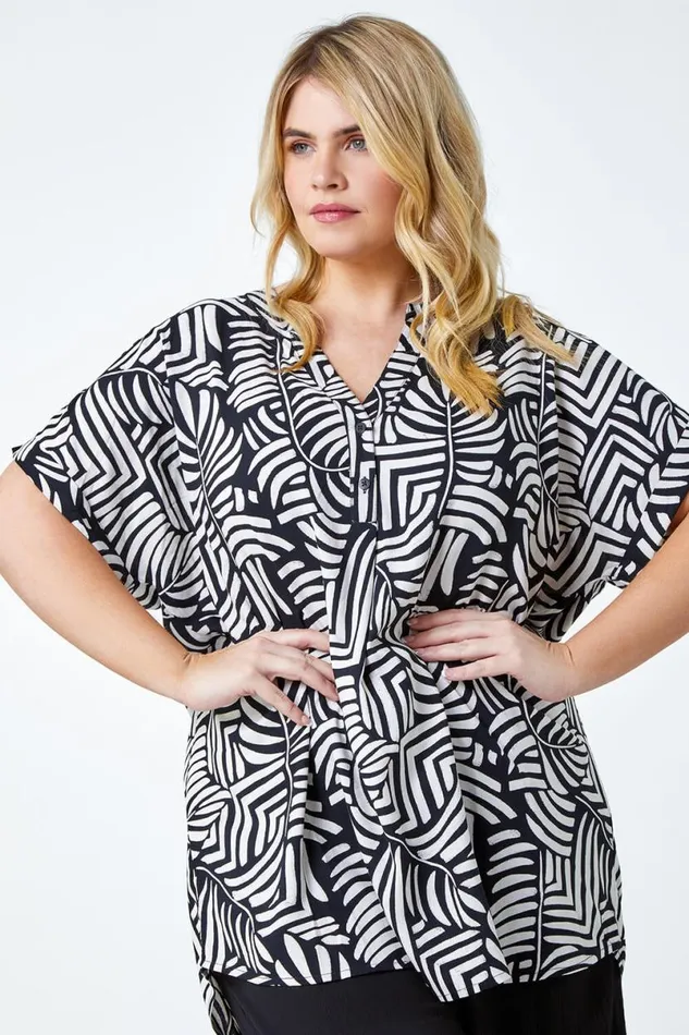 Black Curve Leaf Print Notch Neck Tunic Top Women Roman Tops