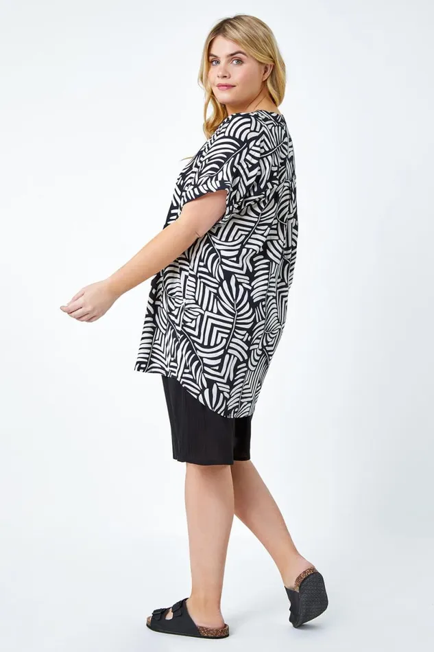Black Curve Leaf Print Notch Neck Tunic Top Women Roman Tops