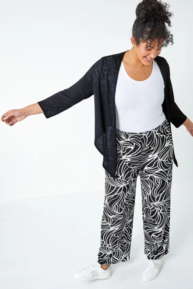 Black Curve Linear Elastic Waist Palazzo Trousers Women Roman Trousers