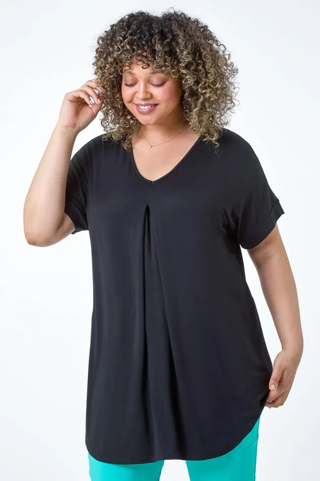 Black Curve Plain Pleat Front Tunic Stretch Top Women Roman Tops