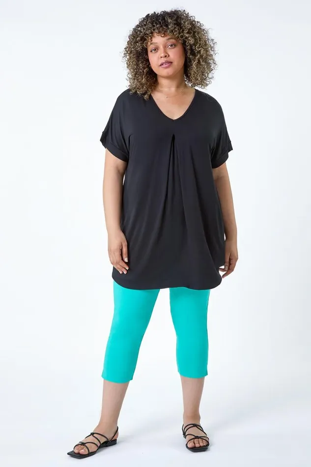 Black Curve Plain Pleat Front Tunic Stretch Top Women Roman Tops