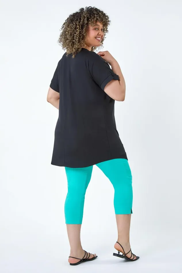 Black Curve Plain Pleat Front Tunic Stretch Top Women Roman Tops
