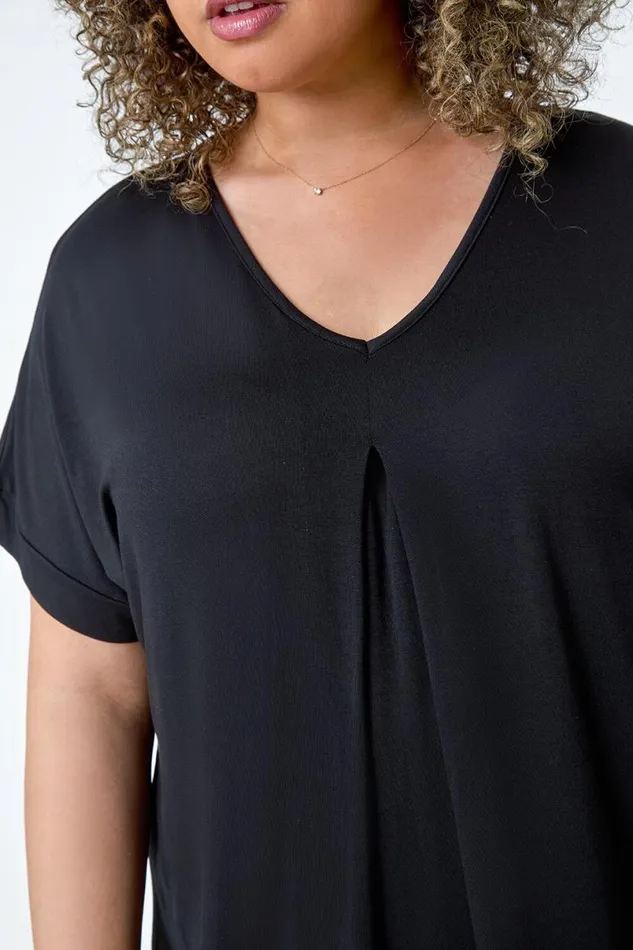 Black Curve Plain Pleat Front Tunic Stretch Top Women Roman Tops