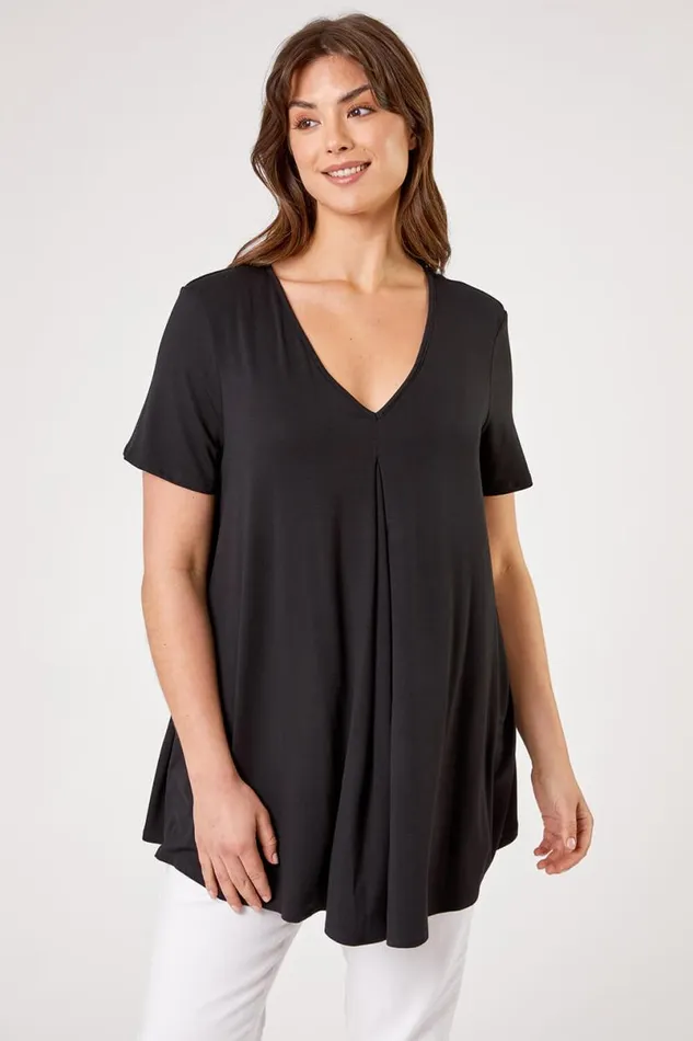 Black Curve Pleat Front Jersey Tunic Top Women Roman Tops