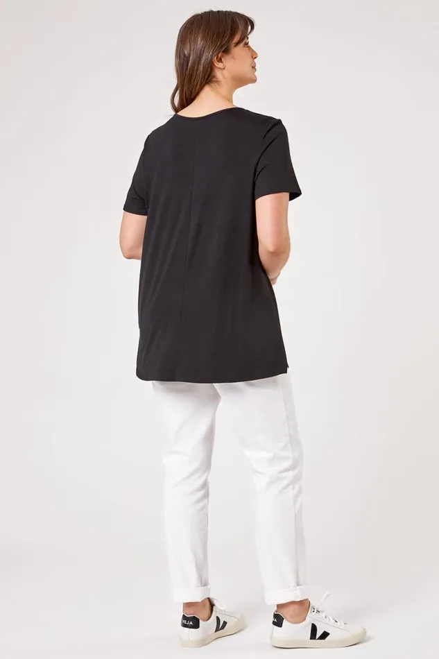 Black Curve Pleat Front Jersey Tunic Top Women Roman Tops