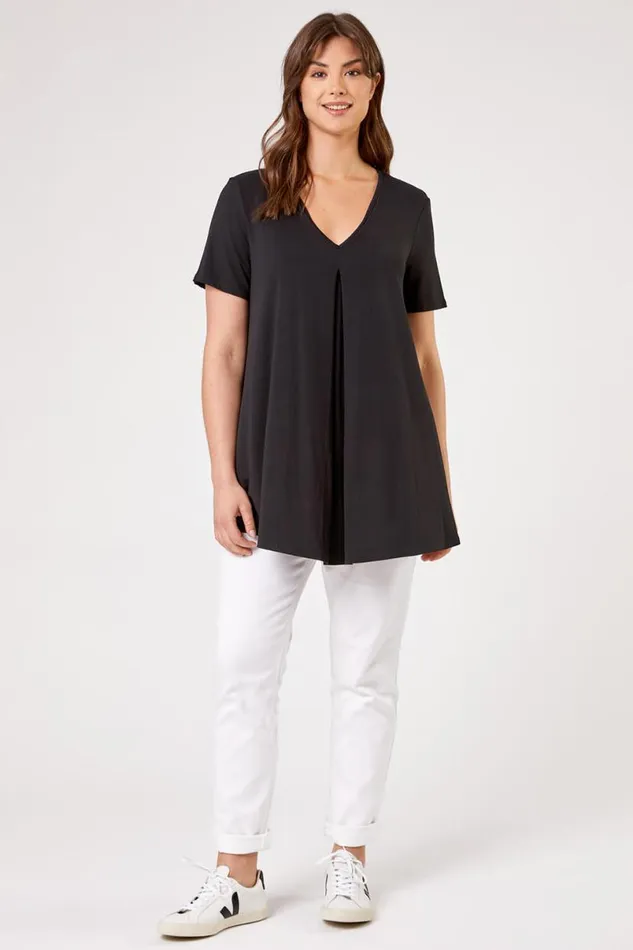 Black Curve Pleat Front Jersey Tunic Top Women Roman Tops