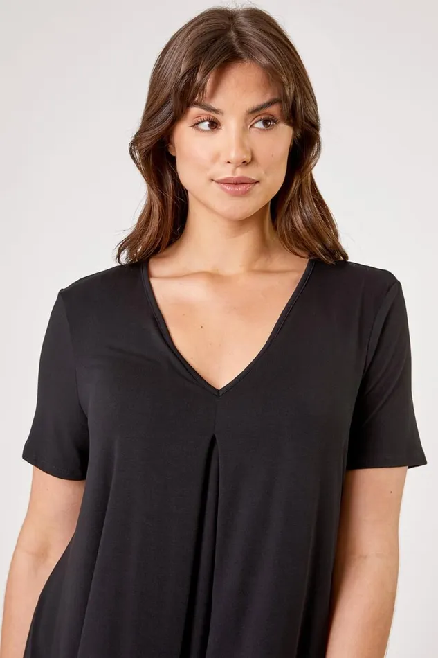Black Curve Pleat Front Jersey Tunic Top Women Roman Tops