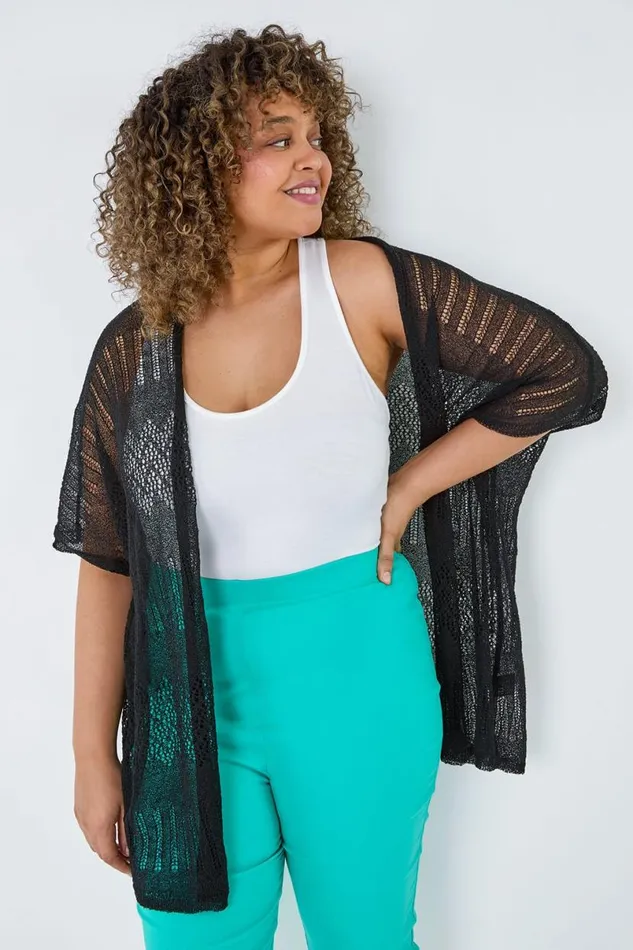 Black Curve Pointelle Knit Stretch Cardigan Women Roman Knitwear