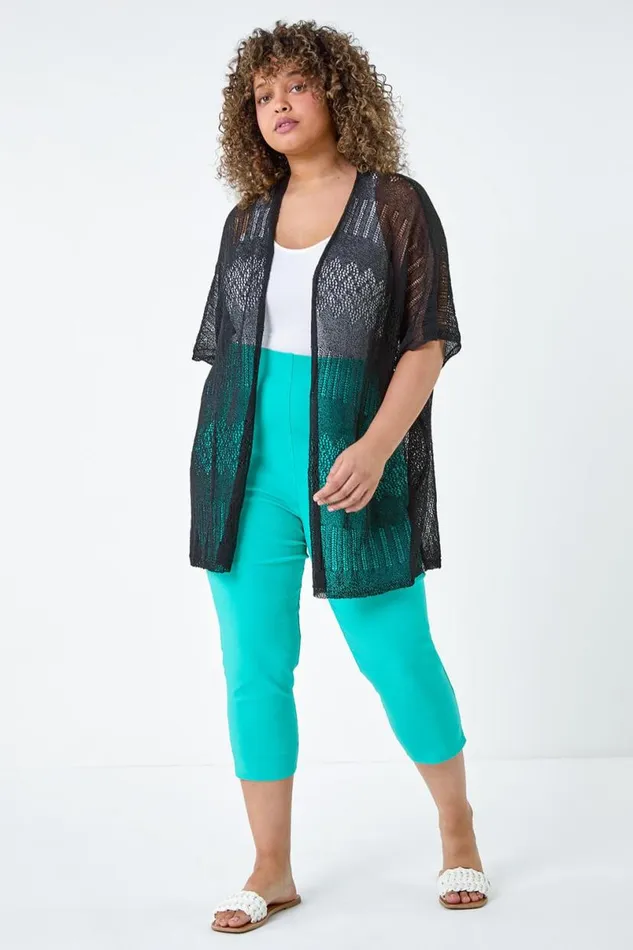 Black Curve Pointelle Knit Stretch Cardigan Women Roman Knitwear