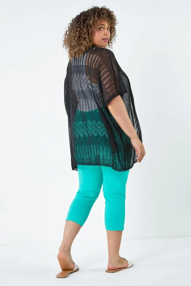 Black Curve Pointelle Knit Stretch Cardigan Women Roman Knitwear