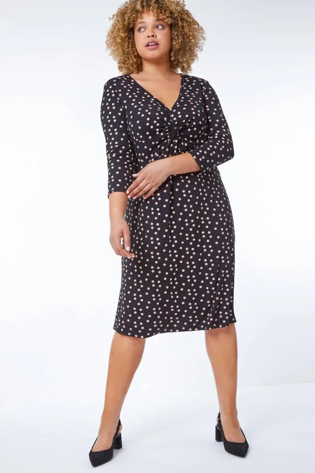 Black Curve Spot Print Twist Front Ruched Dress Women Roman Dresses