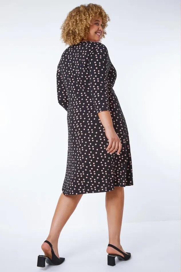 Black Curve Spot Print Twist Front Ruched Dress Women Roman Dresses