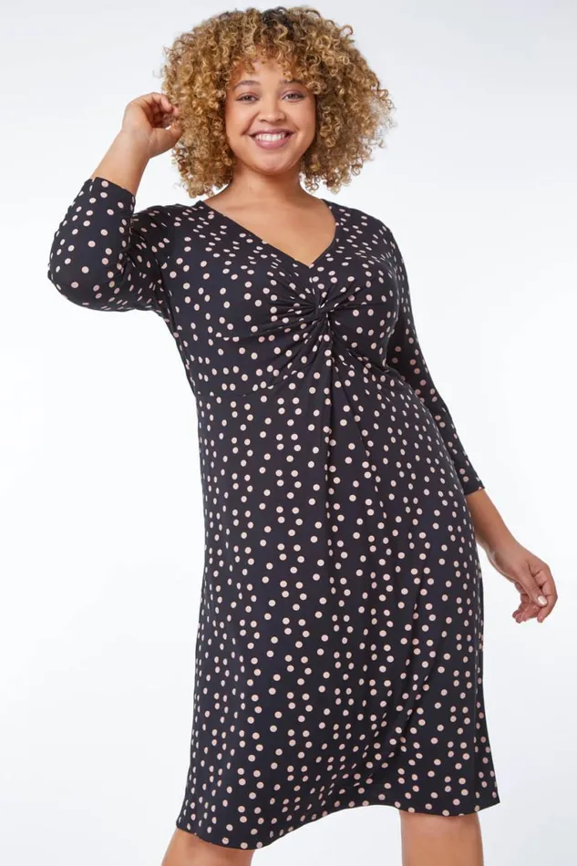 Black Curve Spot Print Twist Front Ruched Dress Women Roman Dresses