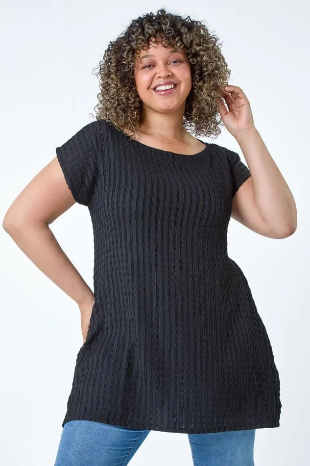 Black Curve Textured Short Sleeve TShirt Women Roman Tops