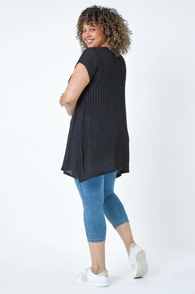 Black Curve Textured Short Sleeve TShirt Women Roman Tops