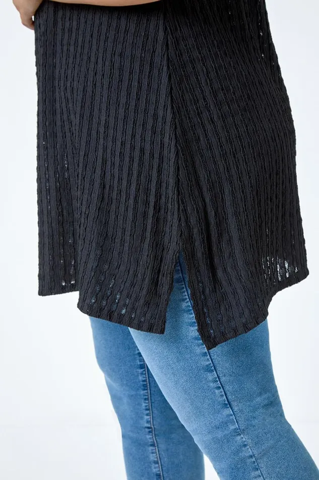 Black Curve Textured Short Sleeve TShirt Women Roman Tops