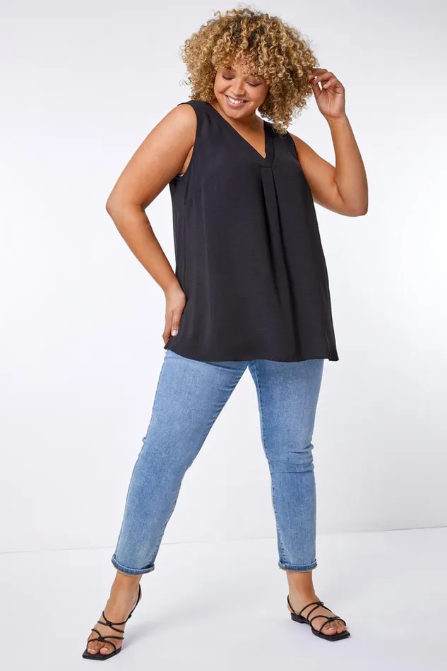 Black Curve VNeck Pleat Tank Top Women Roman Tops