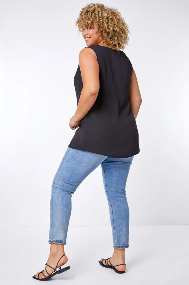 Black Curve VNeck Pleat Tank Top Women Roman Tops