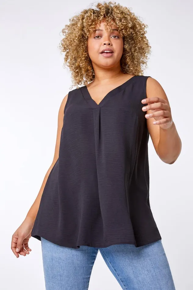 Black Curve VNeck Pleat Tank Top Women Roman Tops