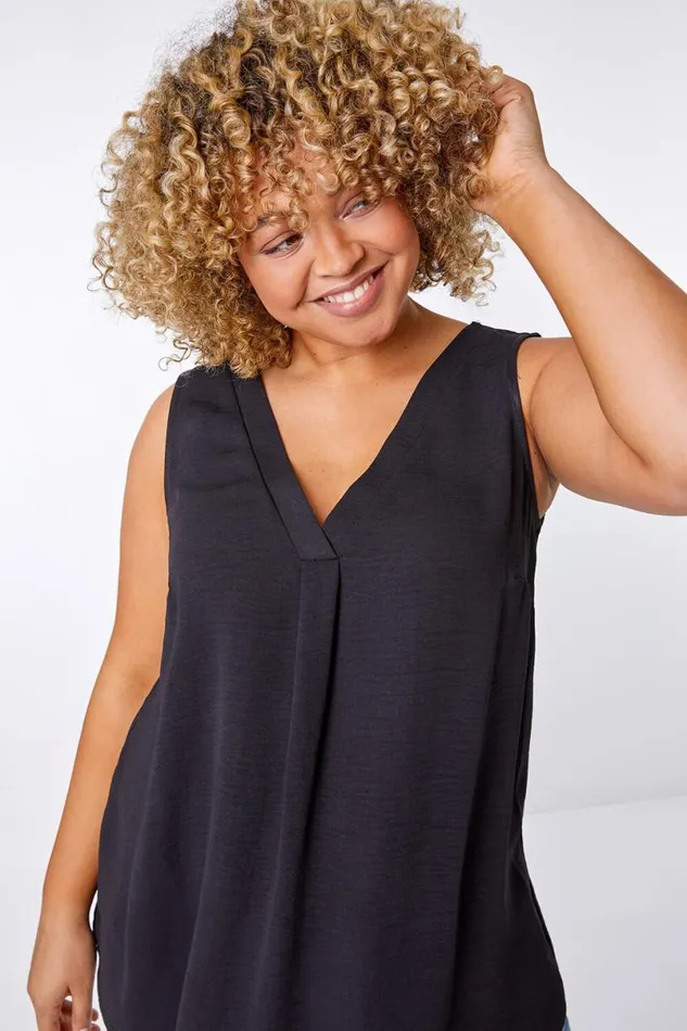 Black Curve VNeck Pleat Tank Top Women Roman Tops