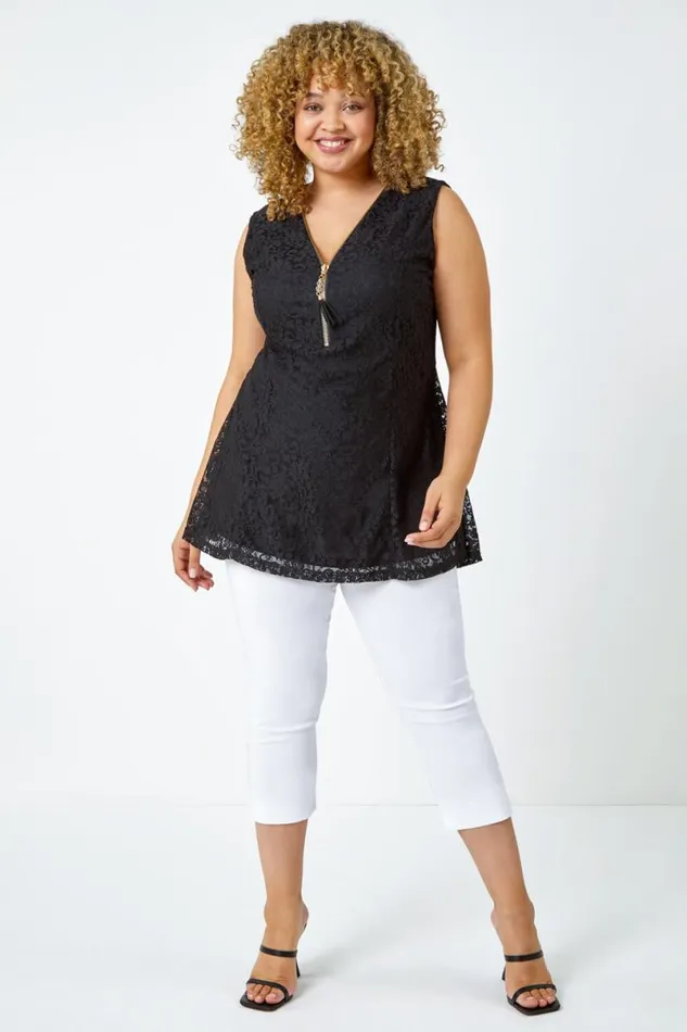 Black Curve Zip Detail Lace Top Women Roman Tops
