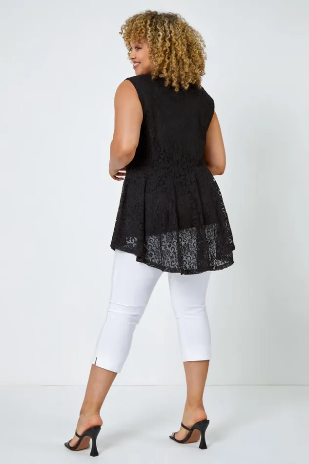 Black Curve Zip Detail Lace Top Women Roman Tops