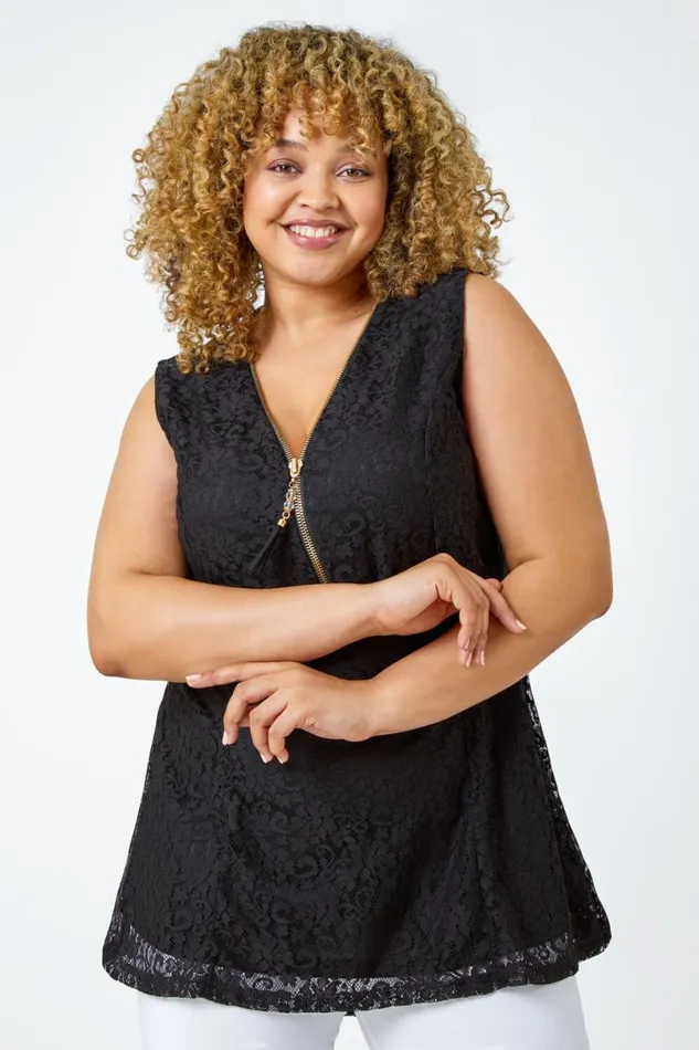 Black Curve Zip Detail Lace Top Women Roman Tops