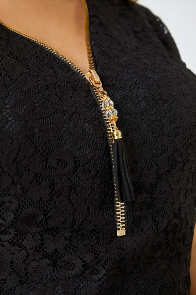 Black Curve Zip Detail Lace Top Women Roman Tops