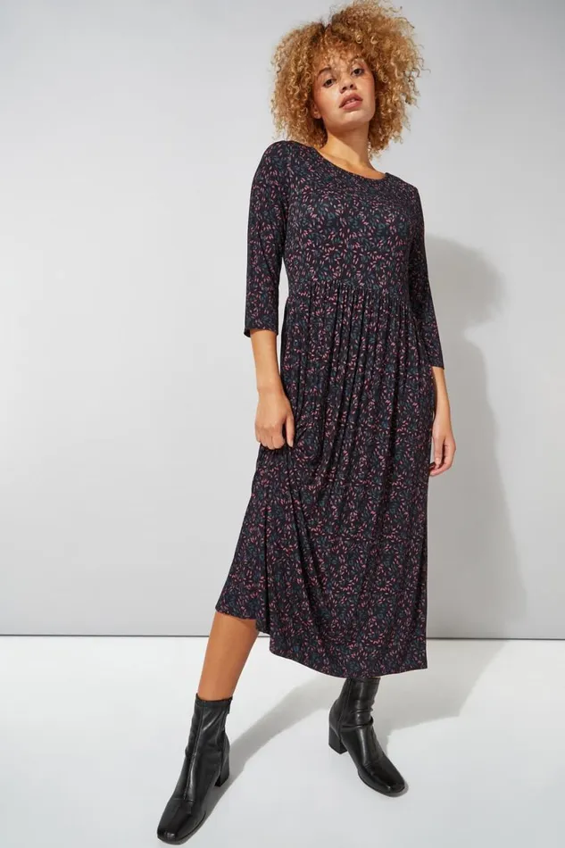 Black Ditsy Print 34 Sleeve Midi Dress Women Roman Dresses