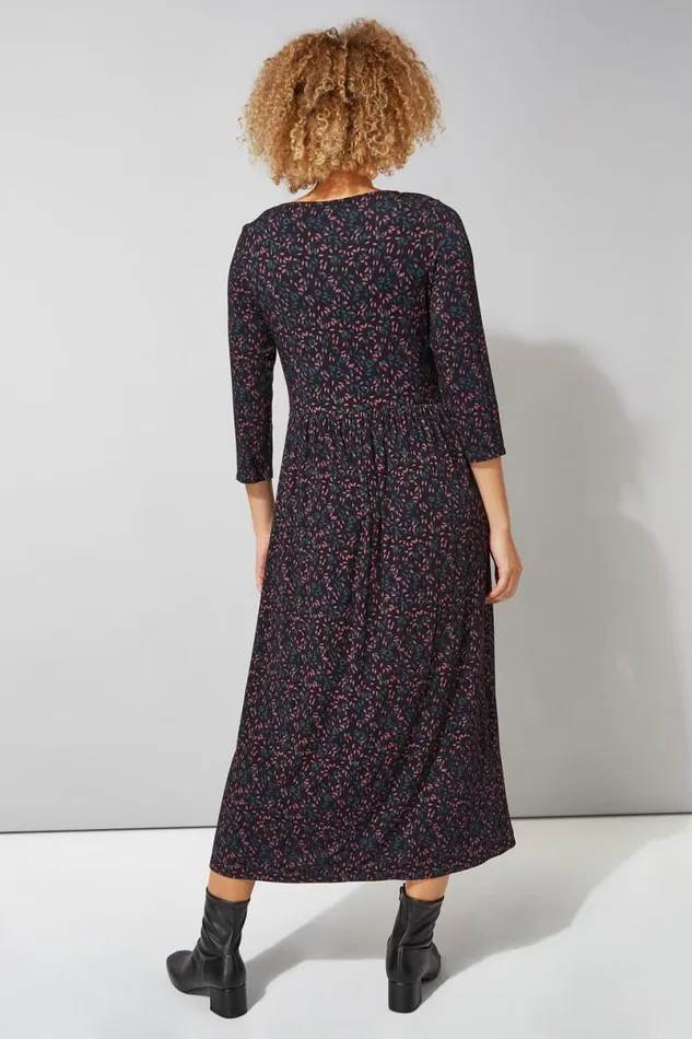Black Ditsy Print 34 Sleeve Midi Dress Women Roman Dresses