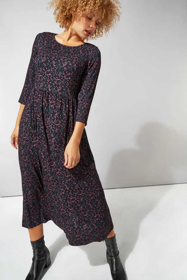 Black Ditsy Print 34 Sleeve Midi Dress Women Roman Dresses